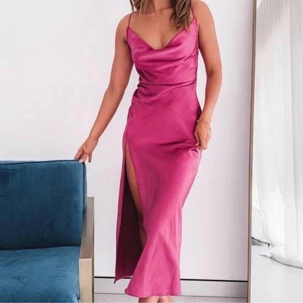 LIONESS Magenta Walk The Line Satin Midi Dress Size XXL